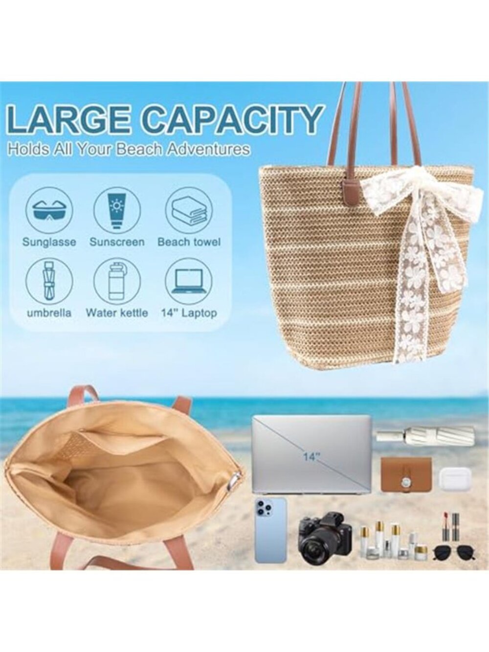 Straw Beach Tote Bag for Women 2026 Large Handwoven Summer Vacation Purse - Picture 4 of 6